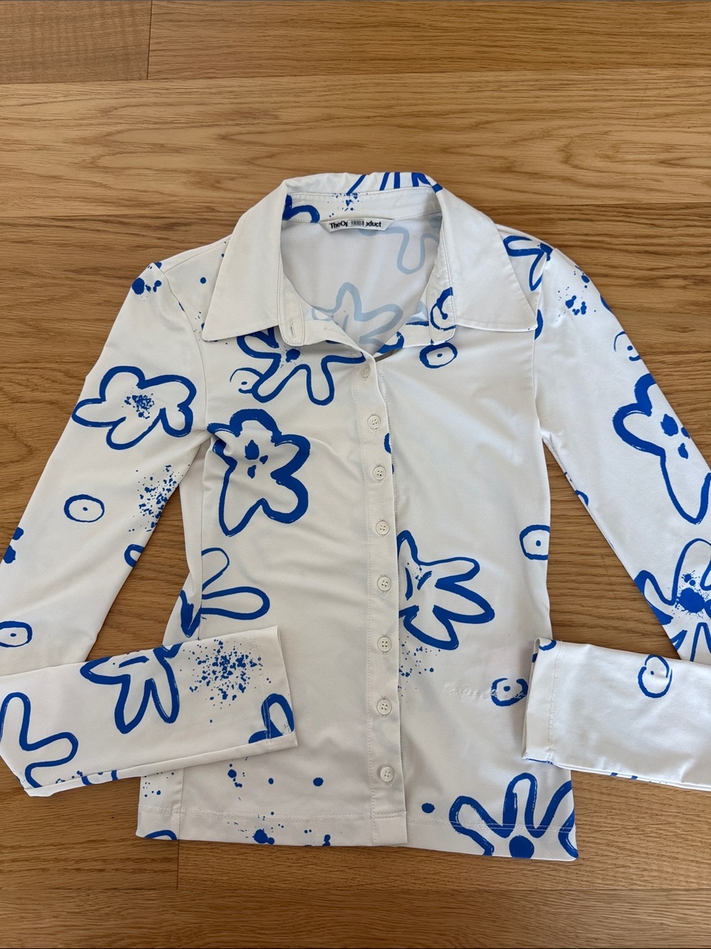 White Button-Down Shirt with Blue Floral Print